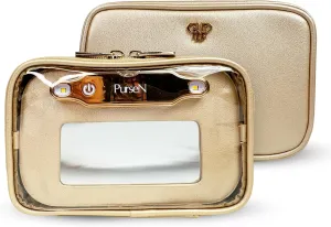 OFT 2024 LITTMINI Lighted Mirror Case - Small Makeup Bag with Detachable Mirror & Multiple Pouches for Organization - Vegan Leather, Mini Makeup Bag Ideal for Travel & Everyday Essentials (Gold)