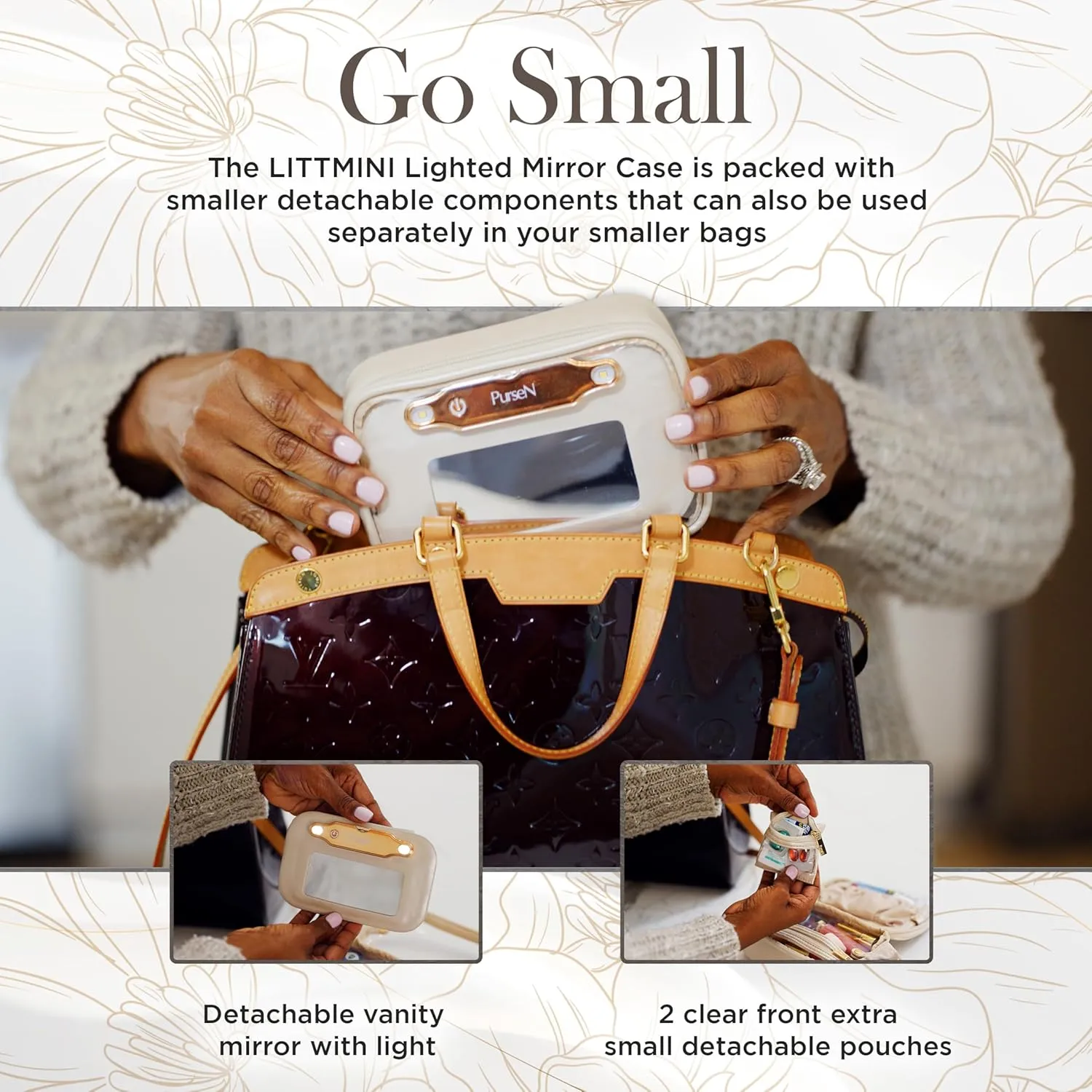 OFT 2024 LITTMINI Lighted Mirror Case - Small Makeup Bag with Detachable Mirror & Multiple Pouches for Organization - Vegan Leather, Mini Makeup Bag Ideal for Travel & Everyday Essentials (Gold)