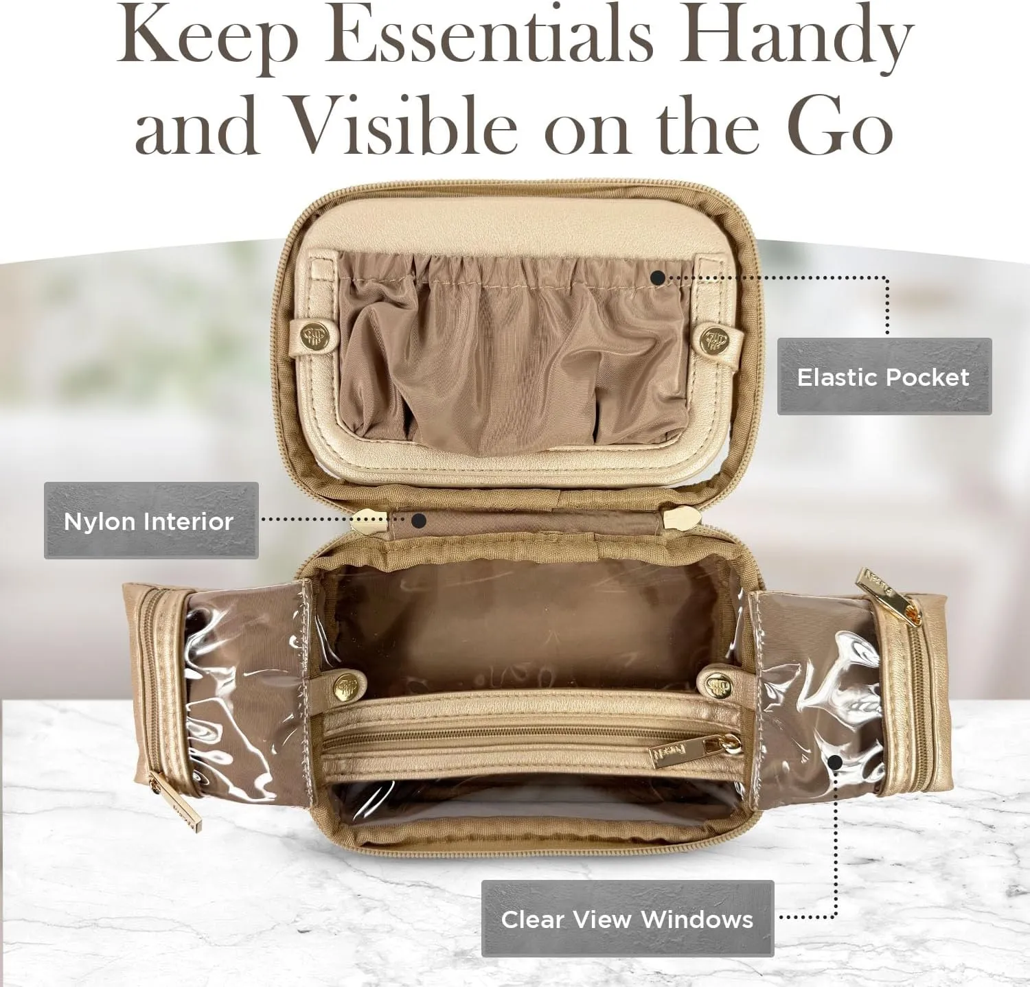 OFT 2024 LITTMINI Lighted Mirror Case - Small Makeup Bag with Detachable Mirror & Multiple Pouches for Organization - Vegan Leather, Mini Makeup Bag Ideal for Travel & Everyday Essentials (Gold)