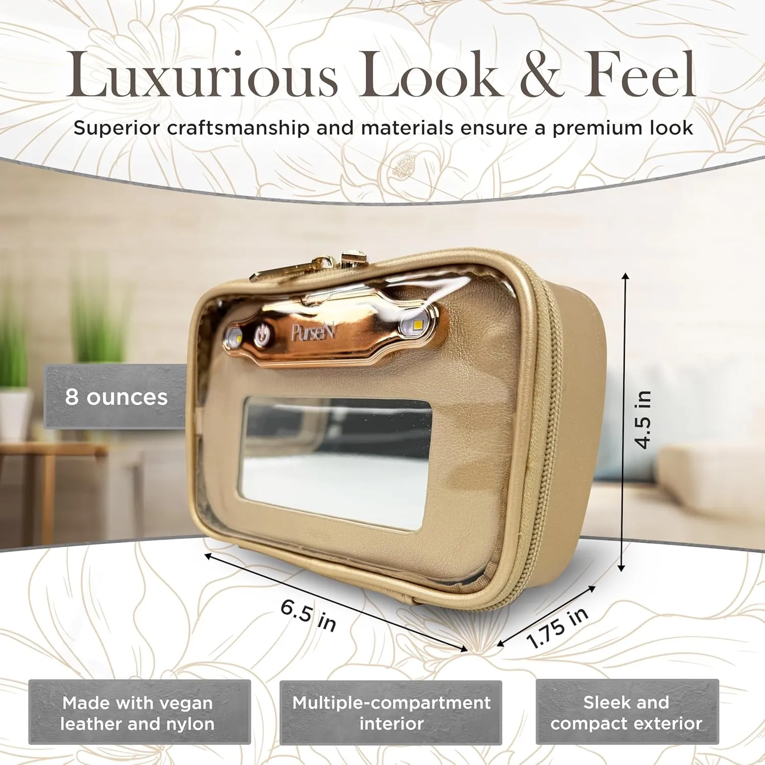 OFT 2024 LITTMINI Lighted Mirror Case - Small Makeup Bag with Detachable Mirror & Multiple Pouches for Organization - Vegan Leather, Mini Makeup Bag Ideal for Travel & Everyday Essentials (Gold)
