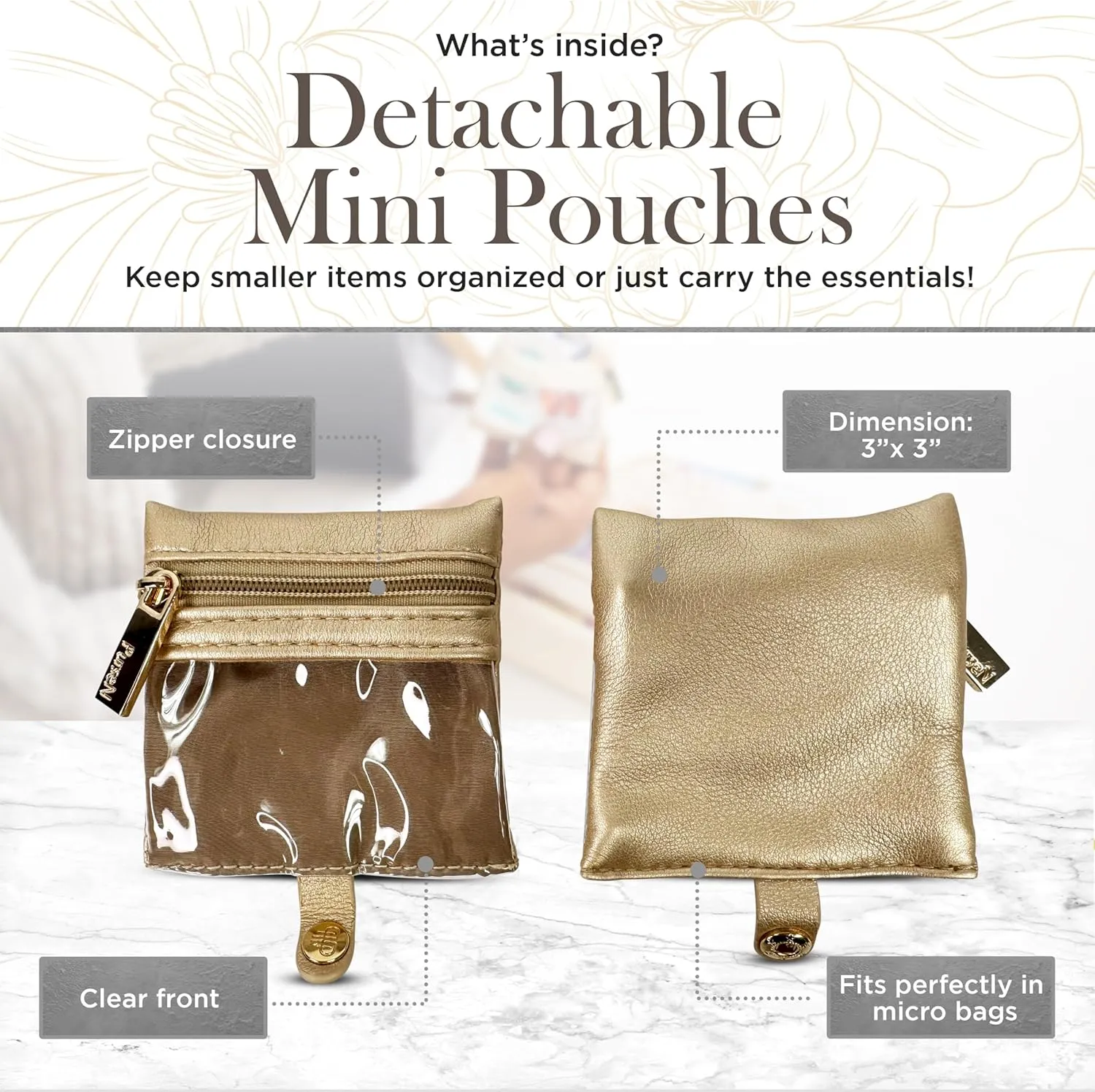 OFT 2024 LITTMINI Lighted Mirror Case - Small Makeup Bag with Detachable Mirror & Multiple Pouches for Organization - Vegan Leather, Mini Makeup Bag Ideal for Travel & Everyday Essentials (Gold)