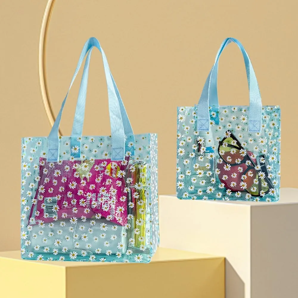 ONEART Daisy Flower PVC Tote Bag, Small Clear PVC Handbag for Beach Vacation Shopping, Waterproof Purse Bag