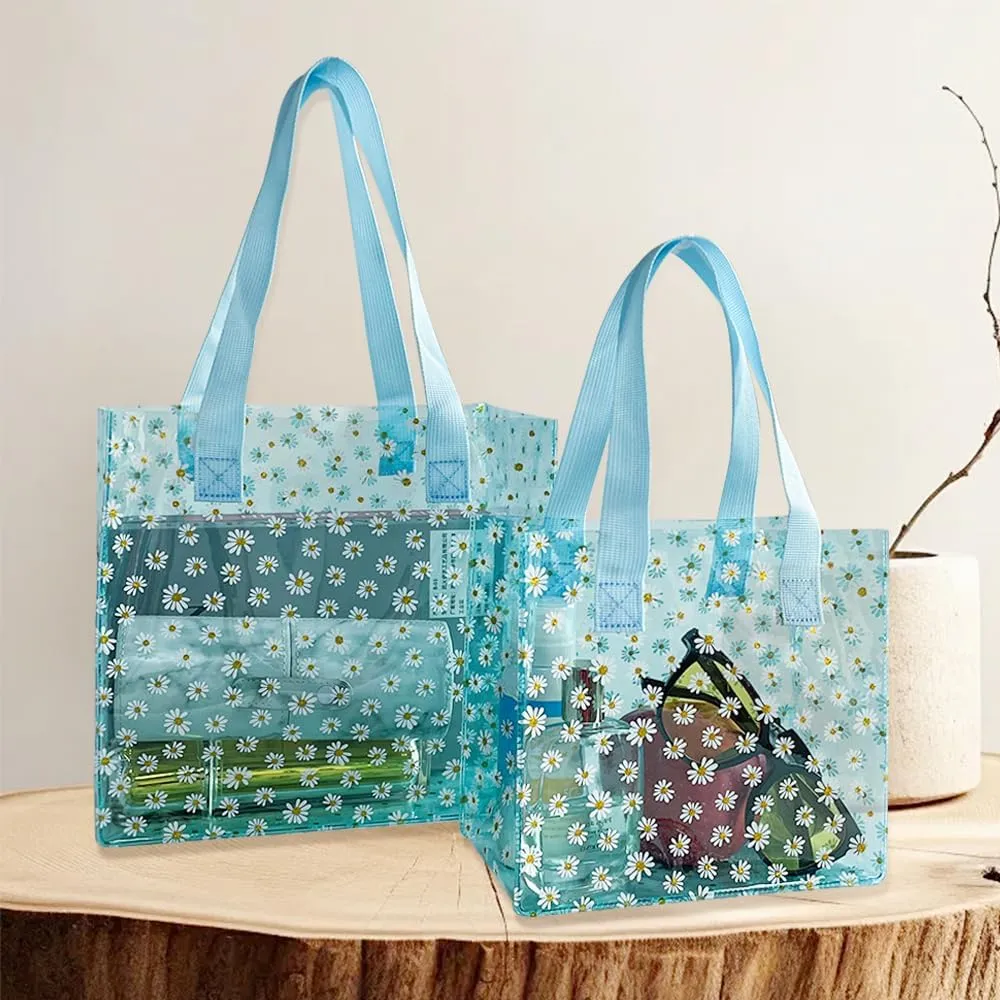 ONEART Daisy Flower PVC Tote Bag, Small Clear PVC Handbag for Beach Vacation Shopping, Waterproof Purse Bag