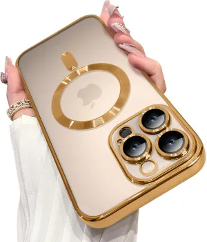 OOK Magnetic Case Made for iPhone 16 Pro (6.3 Inch) [Built-in Camera Lens Protector] [Compatible with MagSafe] Soft TPU Anti-Scratch Shockproof Protective Slim Clear Case for Women Men - Gold