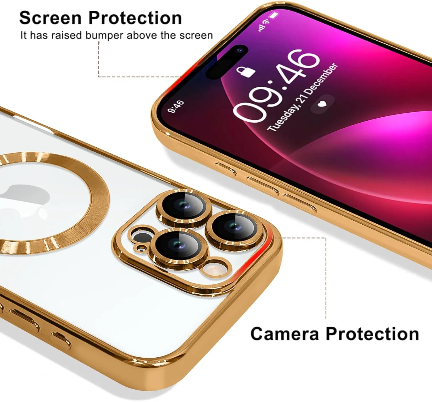 OOK Magnetic Case Made for iPhone 16 Pro (6.3 Inch) [Built-in Camera Lens Protector] [Compatible with MagSafe] Soft TPU Anti-Scratch Shockproof Protective Slim Clear Case for Women Men - Gold
