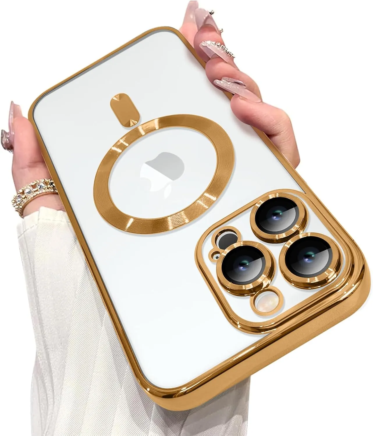 OOK Magnetic Case Made for iPhone 16 Pro (6.3 Inch) [Built-in Camera Lens Protector] [Compatible with MagSafe] Soft TPU Anti-Scratch Shockproof Protective Slim Clear Case for Women Men - Gold