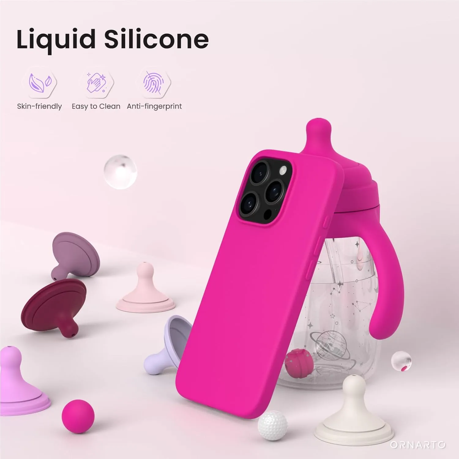ORNARTO Compatible with iPhone 16 Pro Case 6.3", Slim Liquid Silicone 3 Layers Soft Gel Rubber Shockproof Protective Case with Anti-Scratch Microfiber Lining-Berry Pink