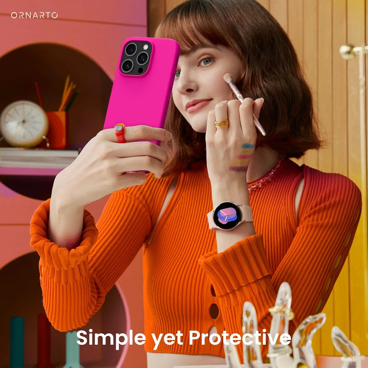 ORNARTO Compatible with iPhone 16 Pro Case 6.3", Slim Liquid Silicone 3 Layers Soft Gel Rubber Shockproof Protective Case with Anti-Scratch Microfiber Lining-Berry Pink