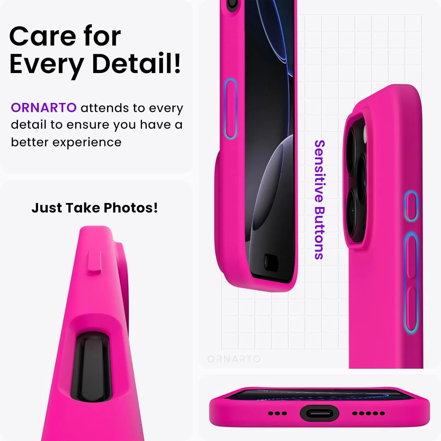 ORNARTO Compatible with iPhone 16 Pro Case 6.3", Slim Liquid Silicone 3 Layers Soft Gel Rubber Shockproof Protective Case with Anti-Scratch Microfiber Lining-Berry Pink