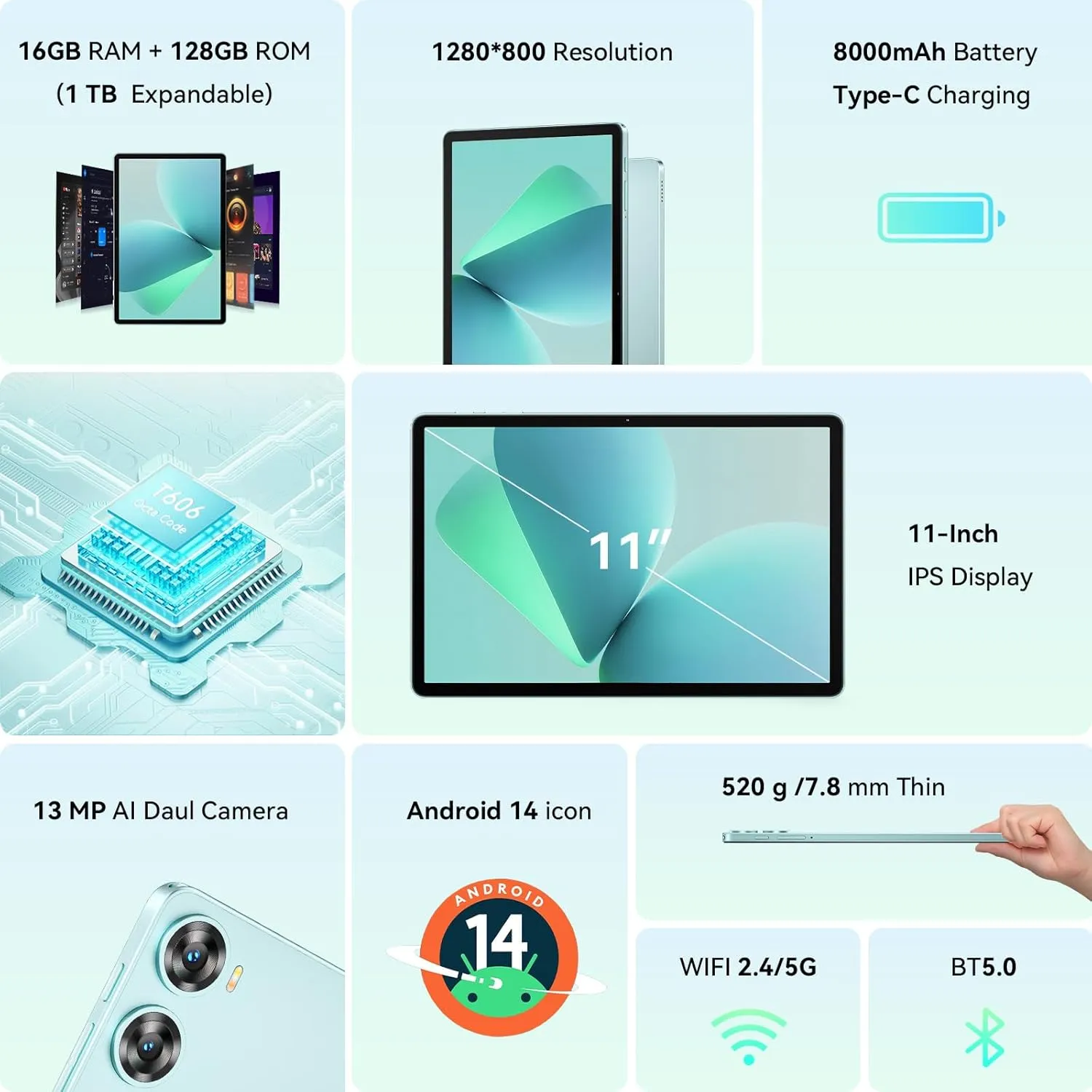 OUKITEL OT9 Android 14 Tablets, 8000mAh Battery 11 Inch IPS Screen Large Tablet for Adults, 16GB 128GB(1TB TF) 13 5MP Camera Widevine L1 Octa-Core WiFi Tablet with Stylus, 3.5mm Jack/GPS/OTG/TÜV 2025