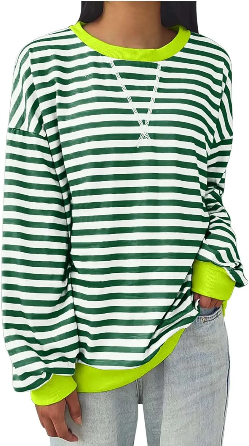 Oversized Tshirts for Women Long Sleeve Crewneck Striped Tops Casual Loose Tunic Top Fashion Dressy Tee Sweatshirts