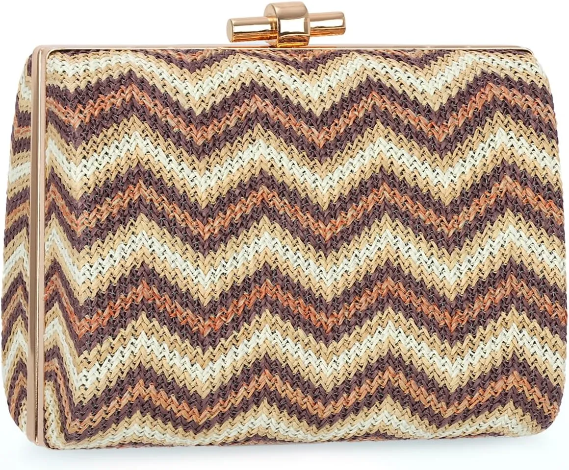 Oweisong Summer 2025 Straw Clutch Purse for Women Woven Boho Beach Bag Striped Crossbody Evening Handbag for Vacation Travel