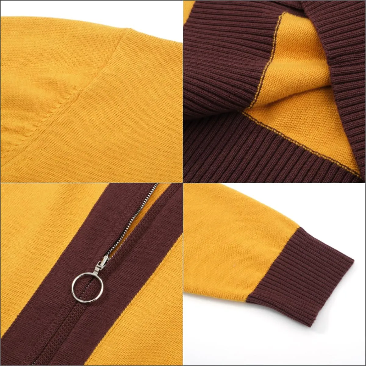 OXKNIT Men's Knit Polo Shirts Full Zip 1960s Style Retro Long Sleeve Cotton Yellow Cardigan Sweater