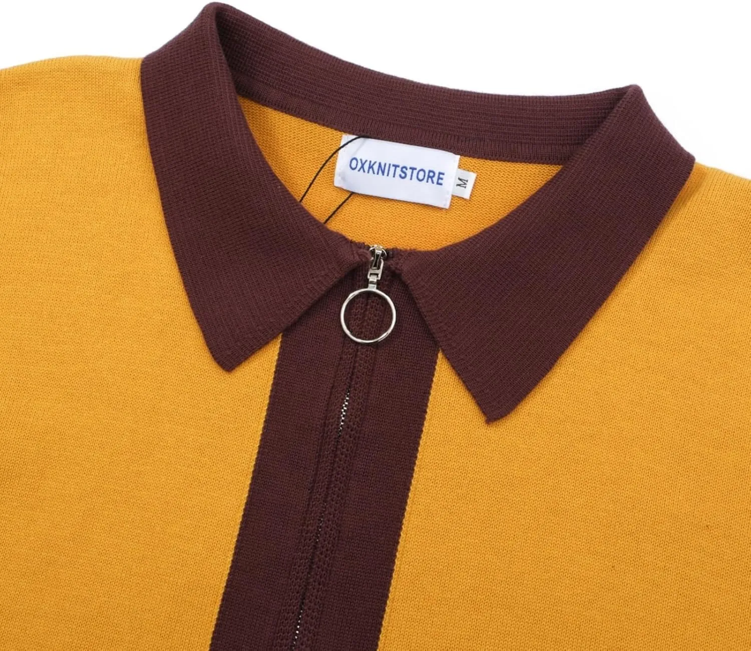 OXKNIT Men's Knit Polo Shirts Full Zip 1960s Style Retro Long Sleeve Cotton Yellow Cardigan Sweater