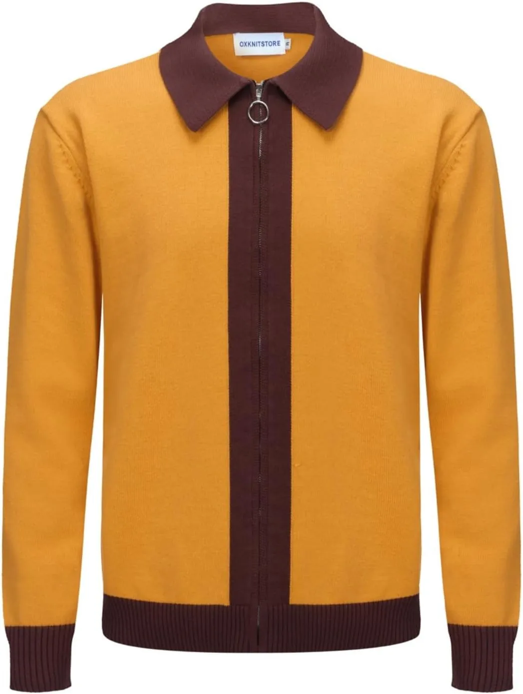 OXKNIT Men's Knit Polo Shirts Full Zip 1960s Style Retro Long Sleeve Cotton Yellow Cardigan Sweater