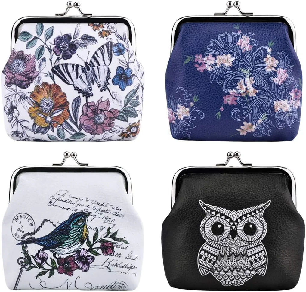 Oyachic 4 Packs Leather Coin Purse,Change Purse for Women,Floral,Owl,Butterfly,Bird Coin Pouch Kiss Lock for Women,Girls