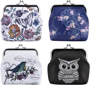 Oyachic 4 Packs Leather Coin Purse,Change Purse for Women,Floral,Owl,Butterfly,Bird Coin Pouch Kiss Lock for Women,Girls
