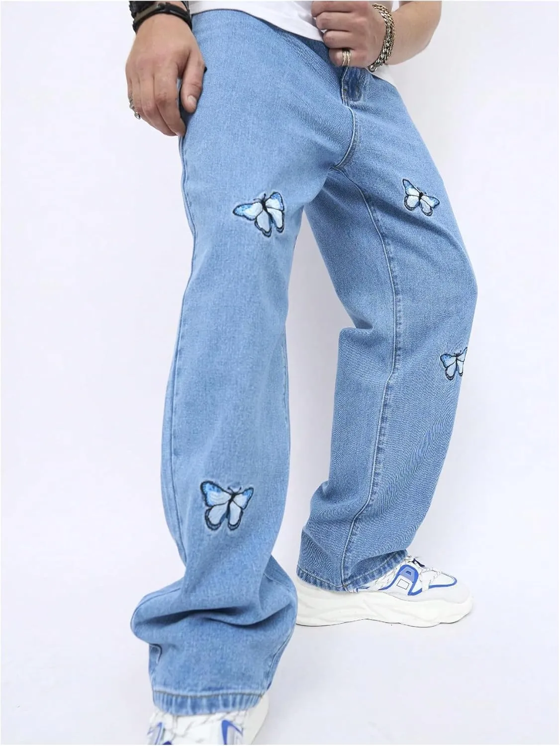 OYOANGLE Men's Baggy Jeans Pants Butterfly Embroidery Straight Leg Y2K Denim Pants