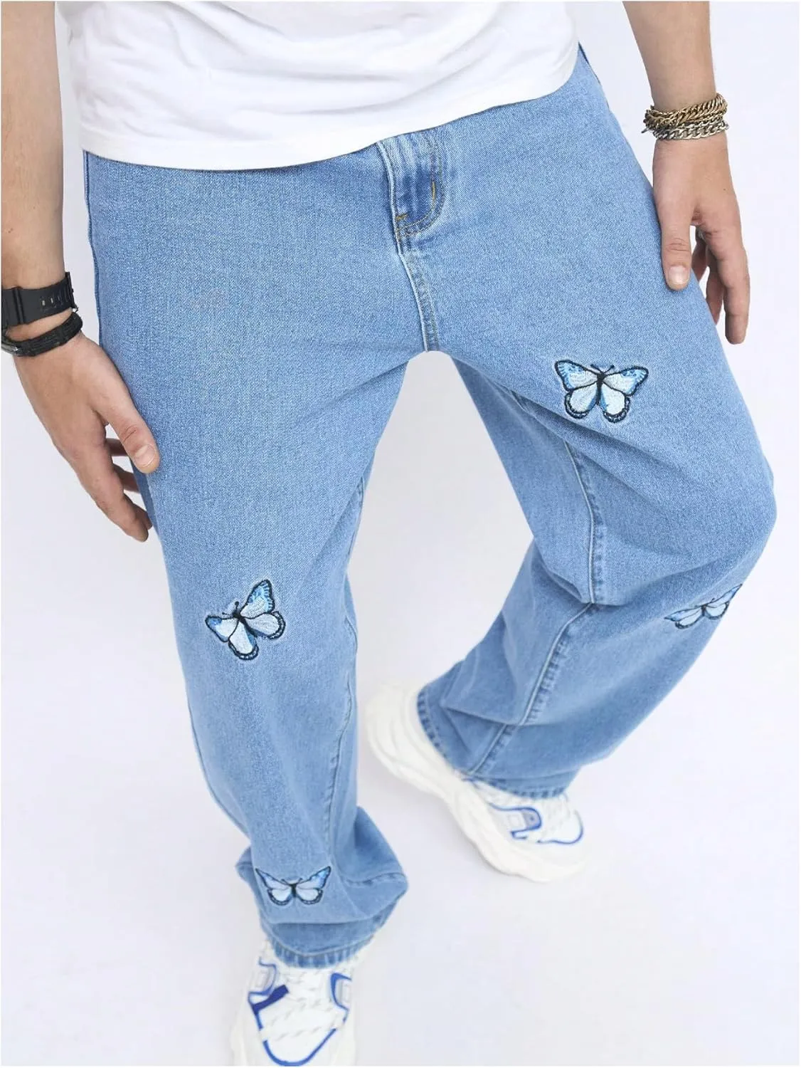 OYOANGLE Men's Baggy Jeans Pants Butterfly Embroidery Straight Leg Y2K Denim Pants