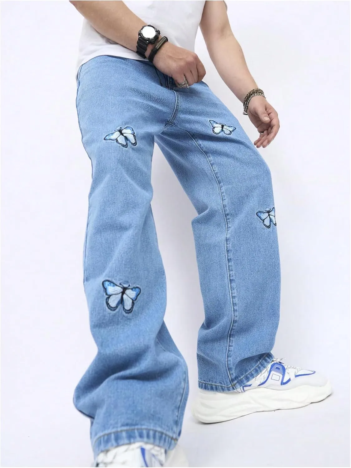 OYOANGLE Men's Baggy Jeans Pants Butterfly Embroidery Straight Leg Y2K Denim Pants