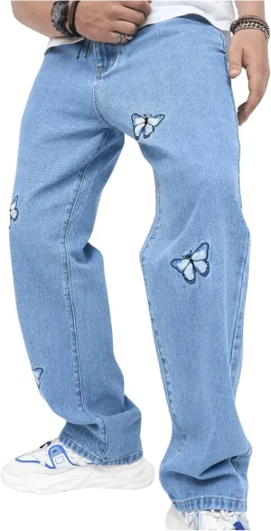 OYOANGLE Men's Baggy Jeans Pants Butterfly Embroidery Straight Leg Y2K Denim Pants