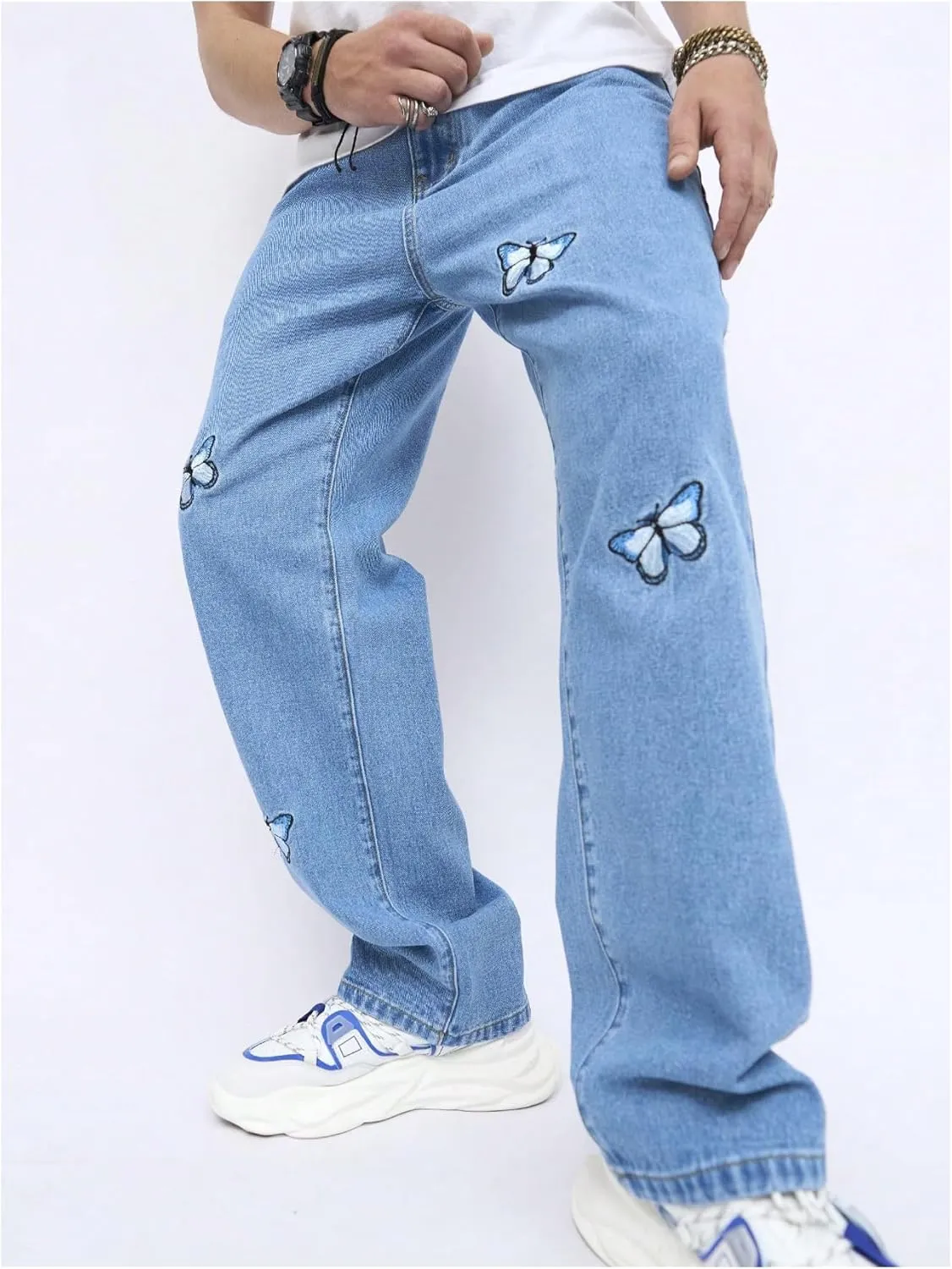 OYOANGLE Men's Baggy Jeans Pants Butterfly Embroidery Straight Leg Y2K Denim Pants