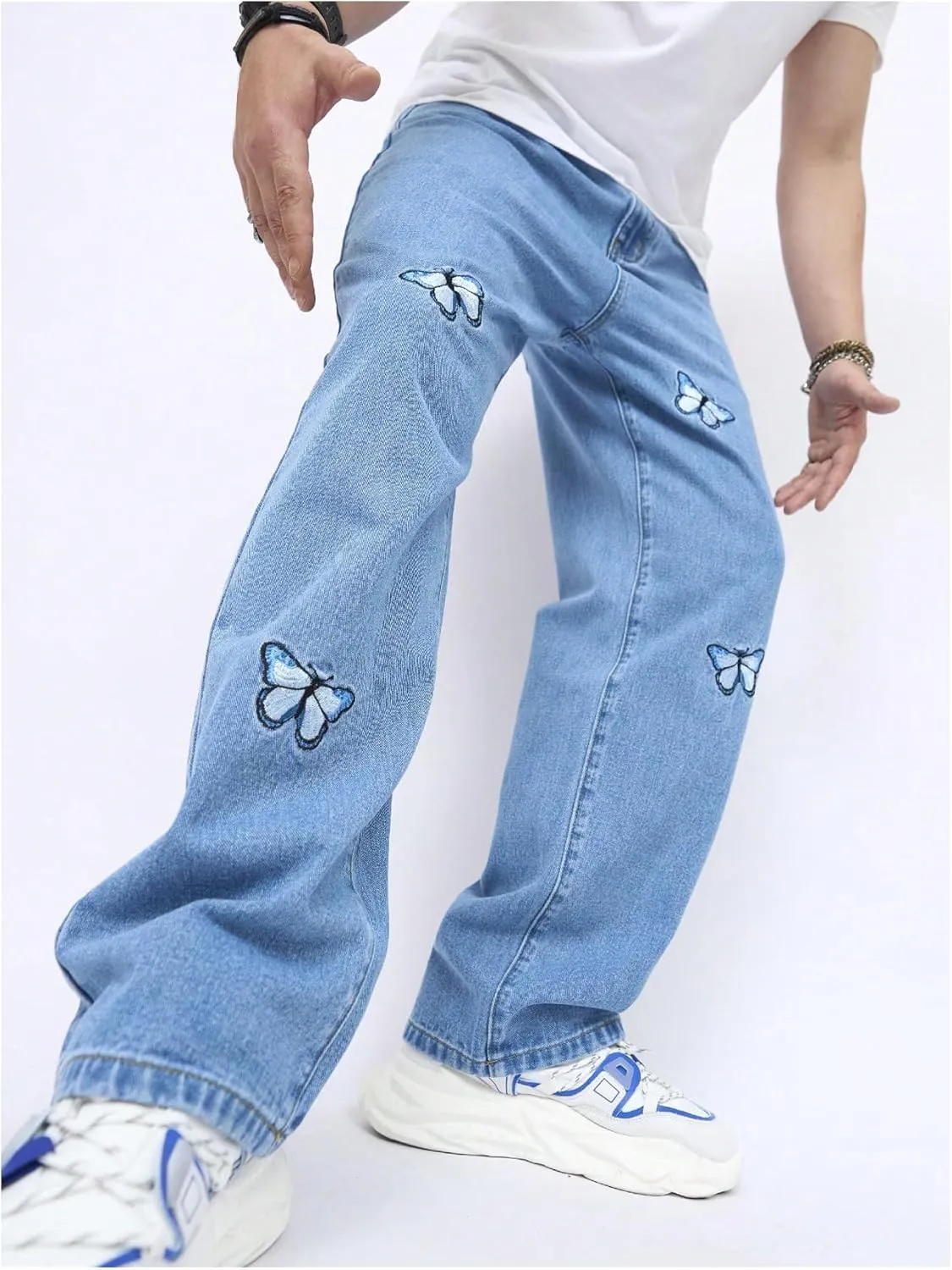 OYOANGLE Men's Baggy Jeans Pants Butterfly Embroidery Straight Leg Y2K Denim Pants