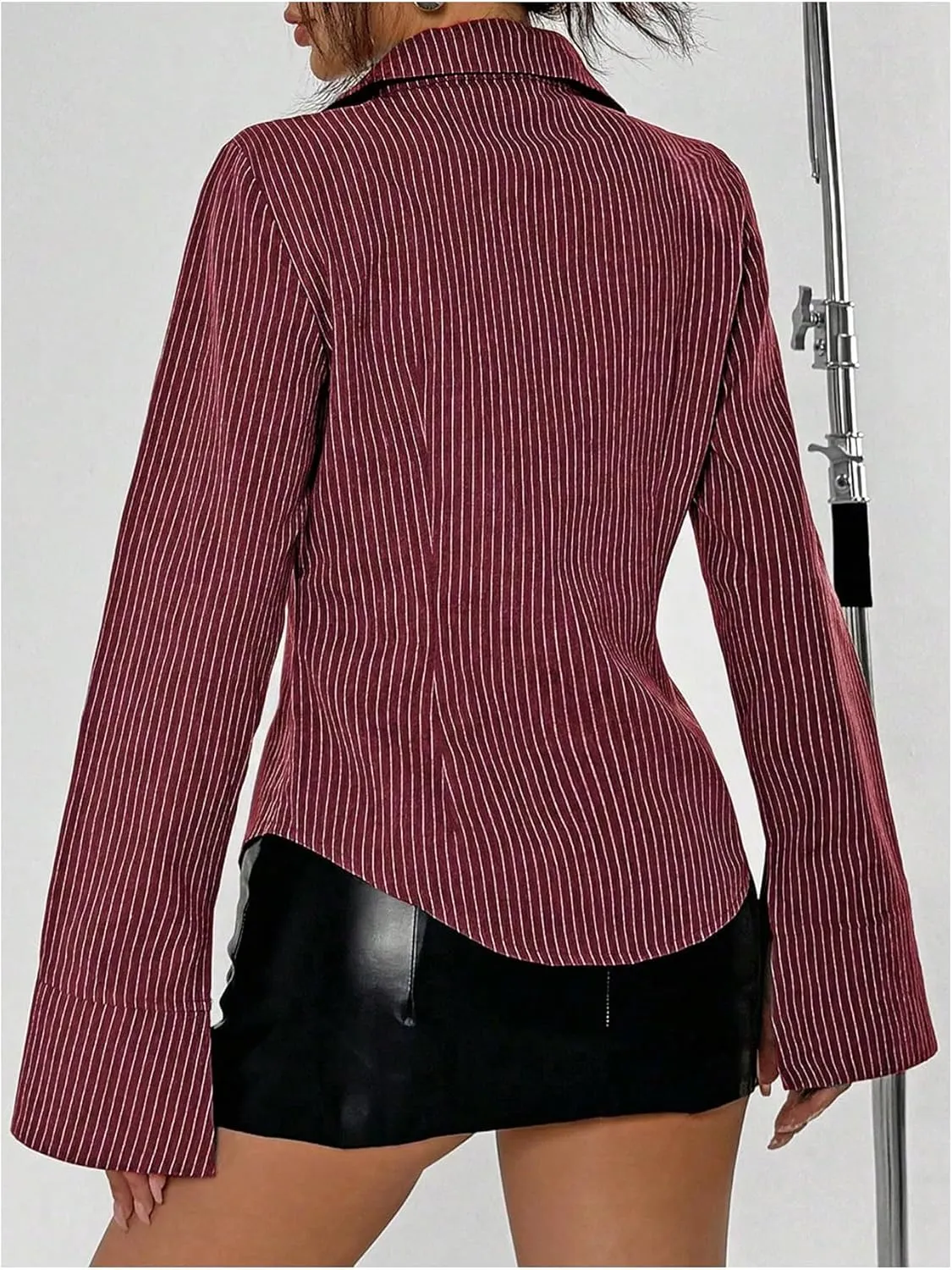 OYOANGLE Women's Stripe Print Button Down Shirts Flare Long Sleeve Collared Blouse Trendy Work Shirt