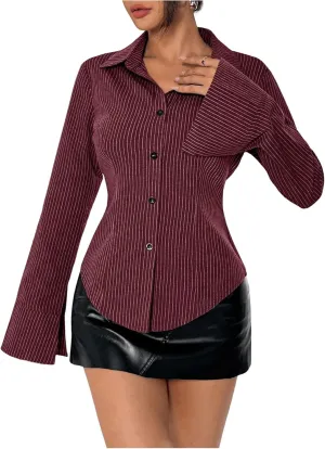 OYOANGLE Women's Stripe Print Button Down Shirts Flare Long Sleeve Collared Blouse Trendy Work Shirt