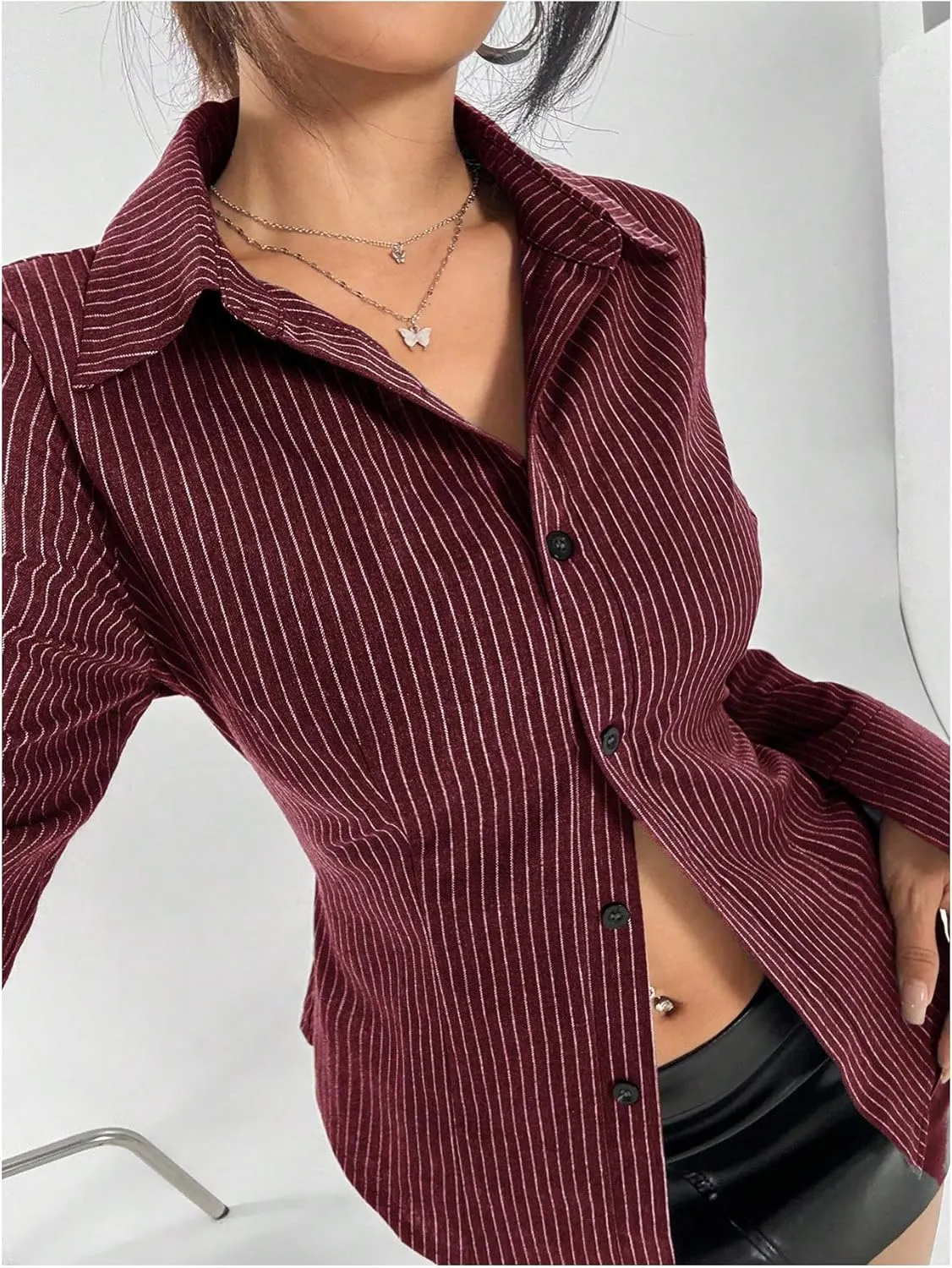 OYOANGLE Women's Stripe Print Button Down Shirts Flare Long Sleeve Collared Blouse Trendy Work Shirt