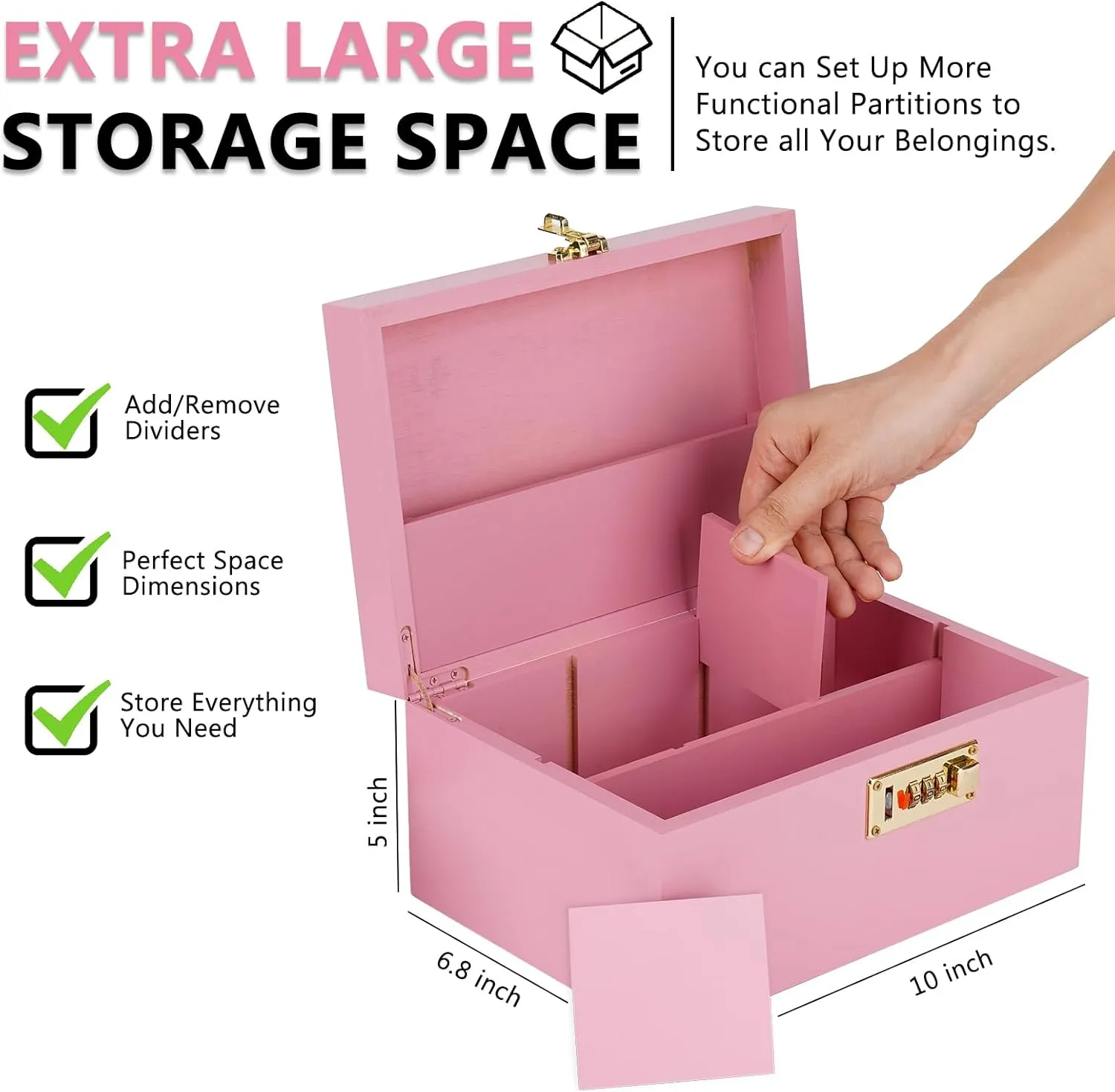 OZCHIN Large Bamboo Box with Combination Lock Decorative box for Home Great Gift Choice Storage Lockbox with Storage Jar, Tray, Resealable Bags and More (Pink)