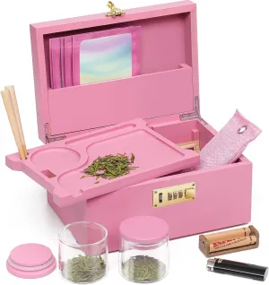 OZCHIN Large Bamboo Box with Combination Lock Decorative box for Home Great Gift Choice Storage Lockbox with Storage Jar, Tray, Resealable Bags and More (Pink)