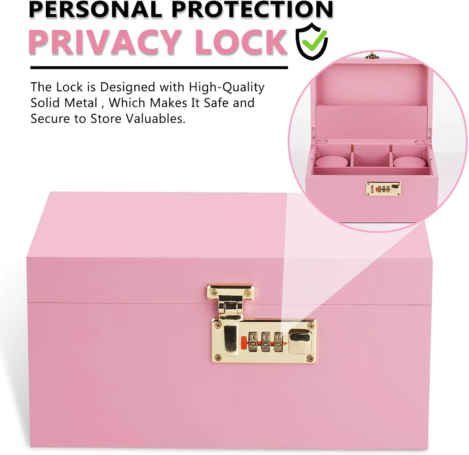OZCHIN Large Bamboo Box with Combination Lock Decorative box for Home Great Gift Choice Storage Lockbox with Storage Jar, Tray, Resealable Bags and More (Pink)