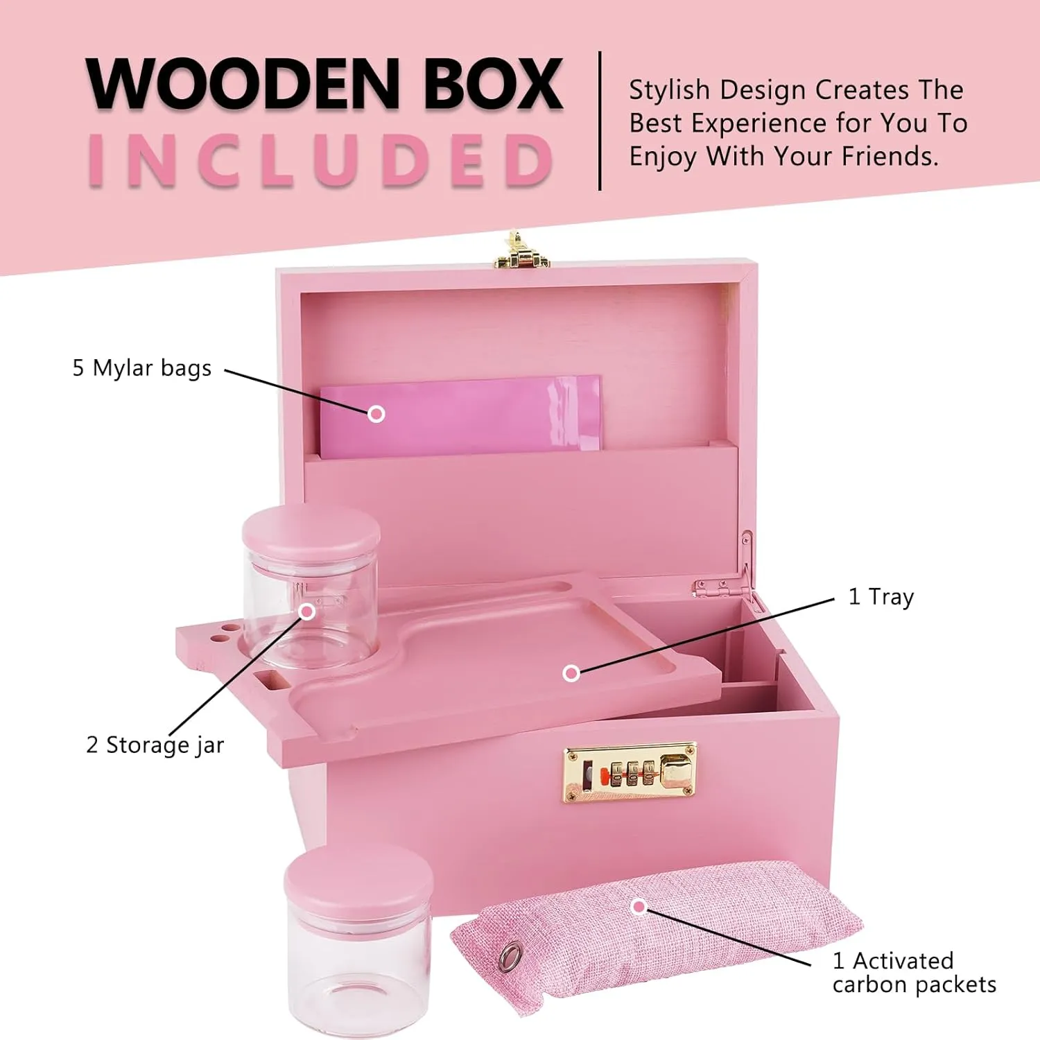 OZCHIN Large Bamboo Box with Combination Lock Decorative box for Home Great Gift Choice Storage Lockbox with Storage Jar, Tray, Resealable Bags and More (Pink)
