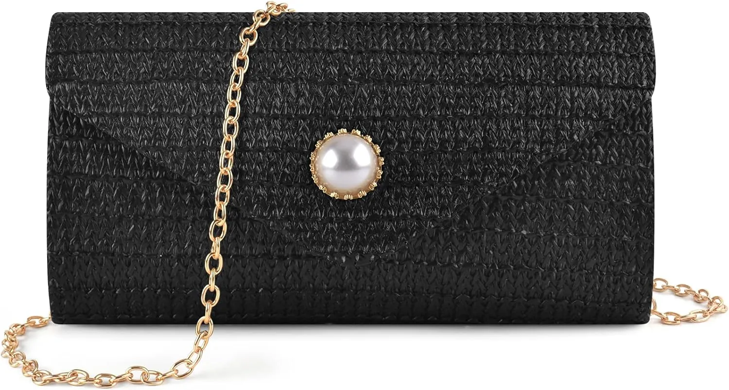PACETAP Straw Clutch Purse for Women, Pearl Decoration Boho Crossbody Bags Handbags for Beach Travel Vacation Party Prom