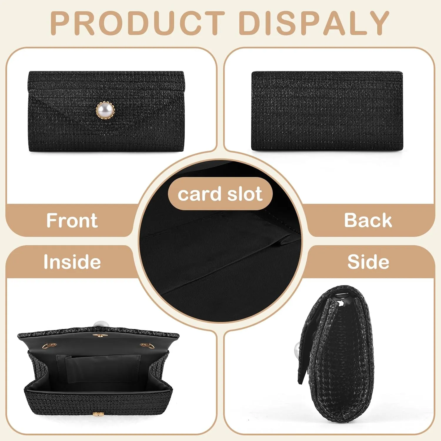PACETAP Straw Clutch Purse for Women, Pearl Decoration Boho Crossbody Bags Handbags for Beach Travel Vacation Party Prom