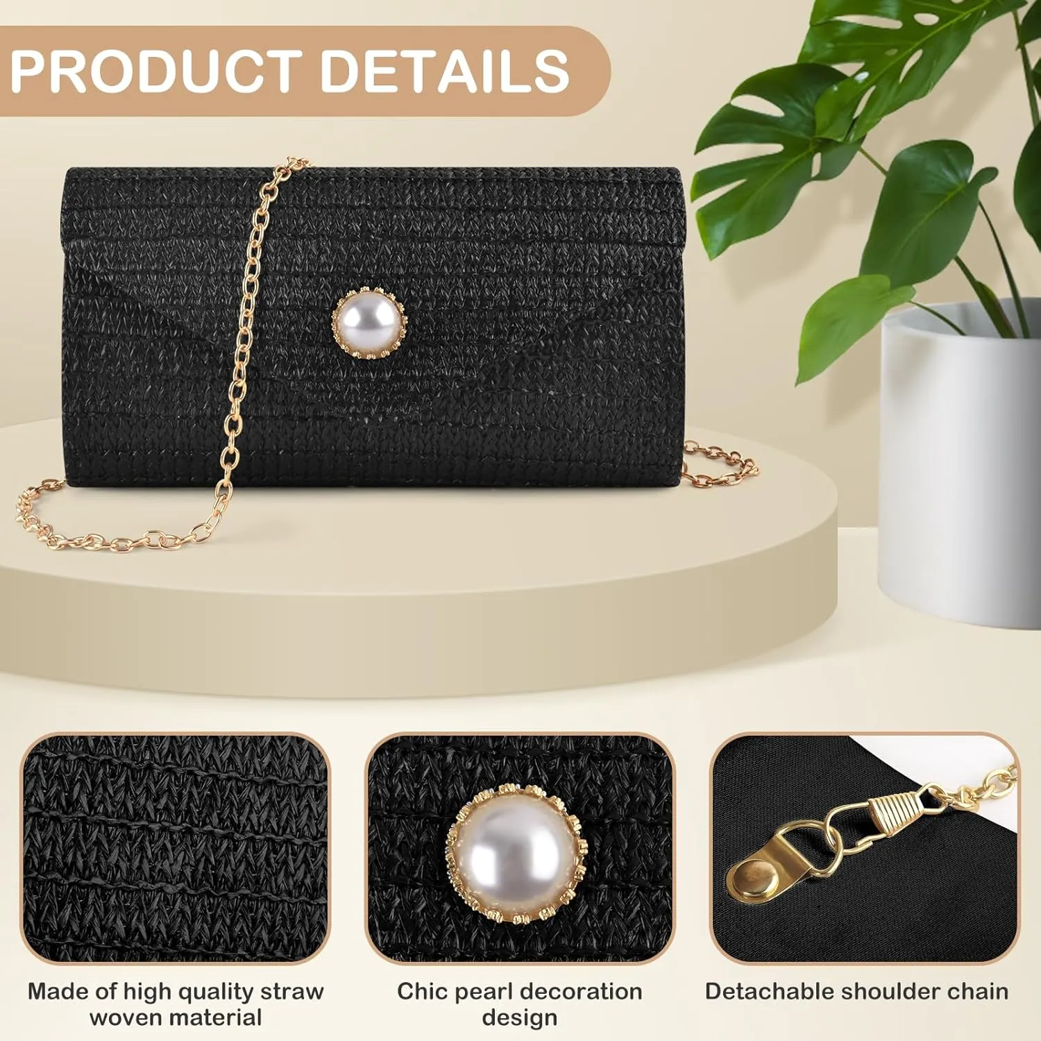 PACETAP Straw Clutch Purse for Women, Pearl Decoration Boho Crossbody Bags Handbags for Beach Travel Vacation Party Prom