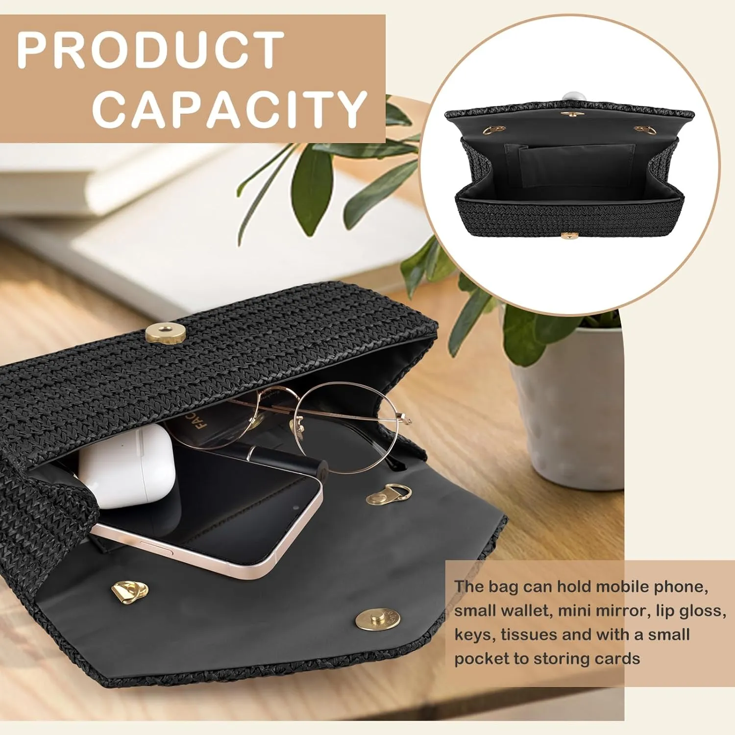 PACETAP Straw Clutch Purse for Women, Pearl Decoration Boho Crossbody Bags Handbags for Beach Travel Vacation Party Prom