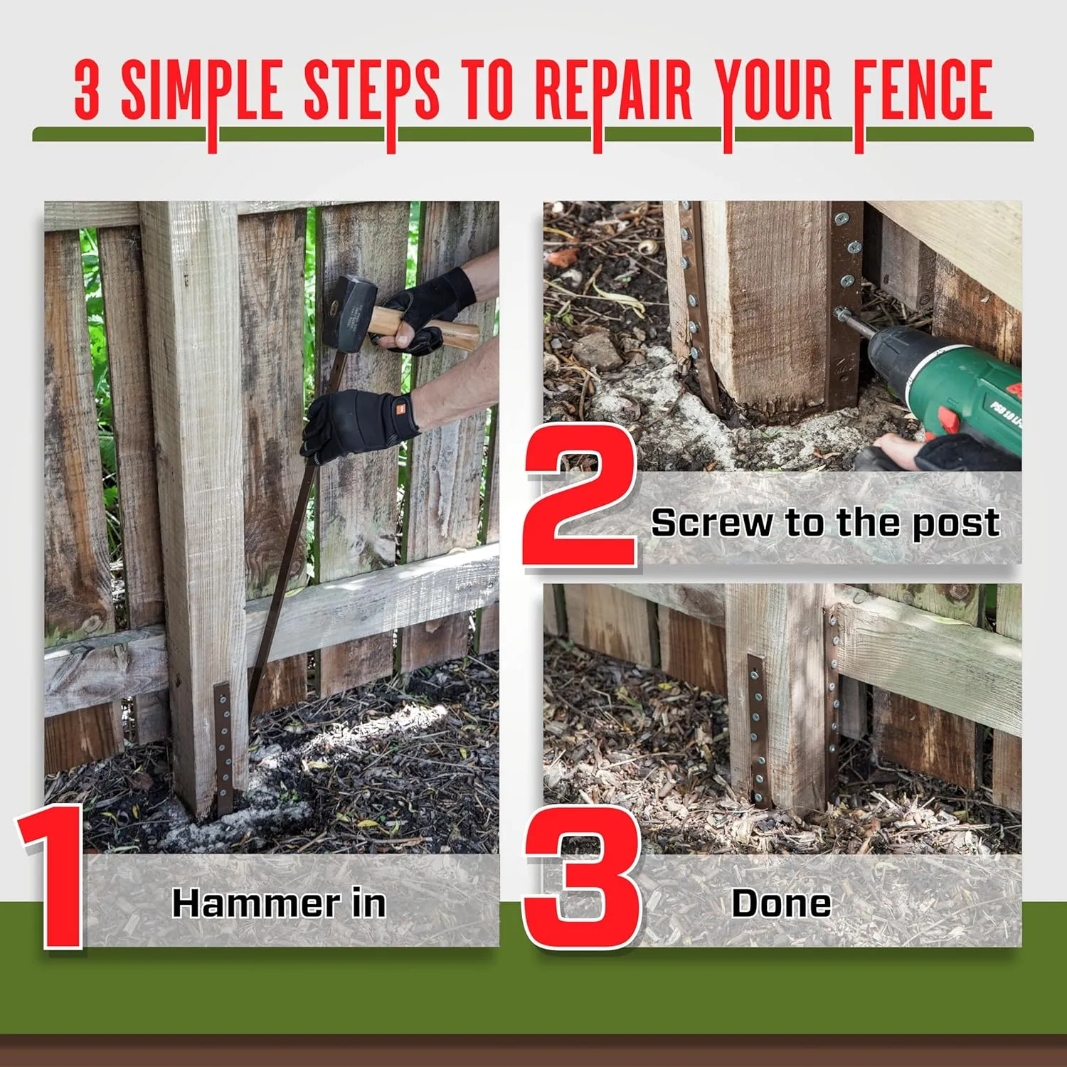 Pack of 4 Easy Fence Post Repair Kit (to Fix 2 Broken Wood Posts), Quick and Simple to Install, Effective, Durable Steel Stakes
