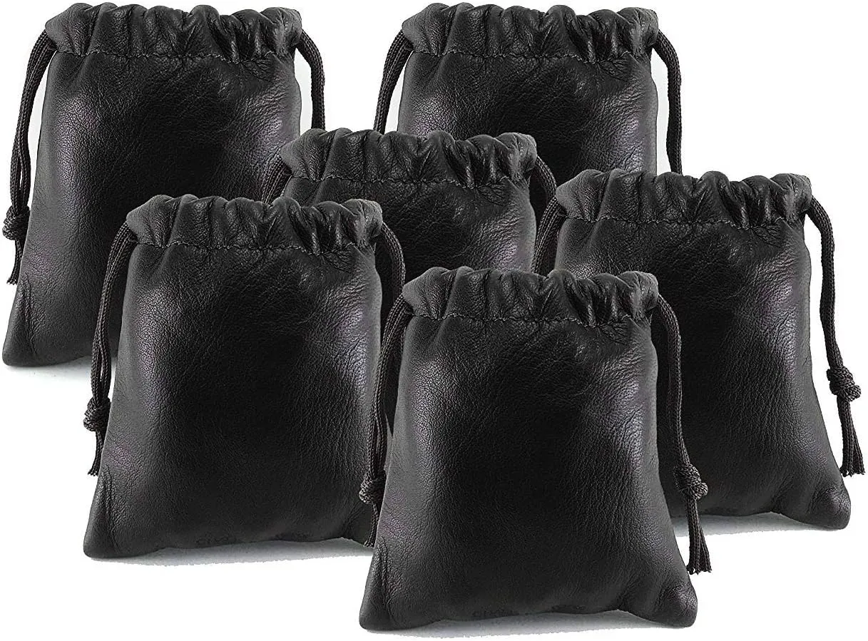 Pack of 6 Chalk Factory Lambskin Leather Drawstrings Pouch: Black, 7cm X 9cm