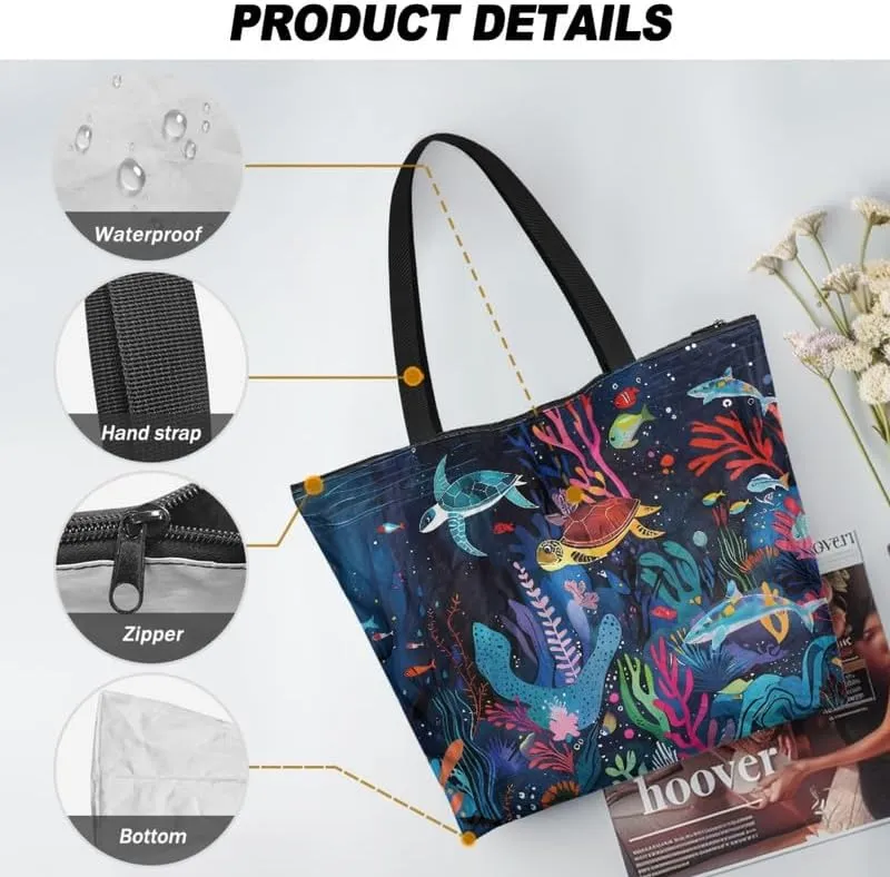 Painting Puppy Paper Tote Bag for Women with Zipper Large Work Handbag, Natural Eco-friendly Reusable Grocery Bag