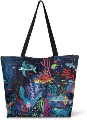 Painting Puppy Paper Tote Bag for Women with Zipper Large Work Handbag, Natural Eco-friendly Reusable Grocery Bag