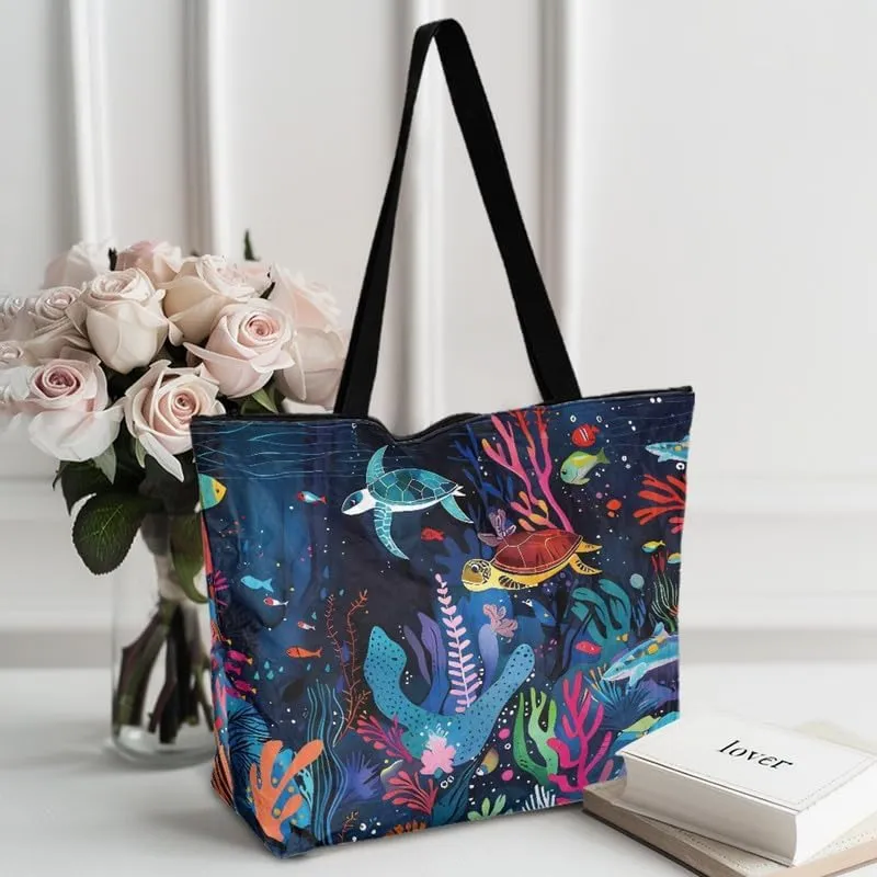 Painting Puppy Paper Tote Bag for Women with Zipper Large Work Handbag, Natural Eco-friendly Reusable Grocery Bag