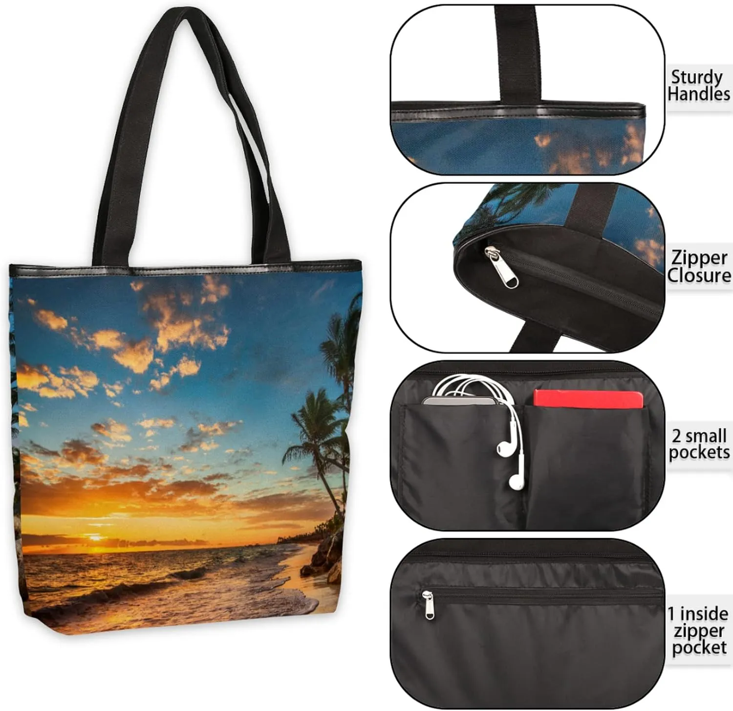 Palm Tree Beach Print Canvas Tote Bag, Eco Friendly Reusable Grocery Shopping Bags Beach Bag Book Tote Handbags Washable Shoulder Bag With Zipper Inner Pocket for Women Girls