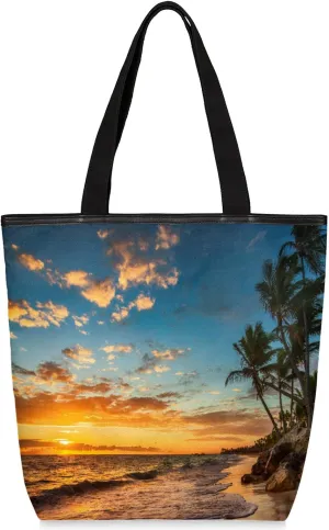 Palm Tree Beach Print Canvas Tote Bag, Eco Friendly Reusable Grocery Shopping Bags Beach Bag Book Tote Handbags Washable Shoulder Bag With Zipper Inner Pocket for Women Girls