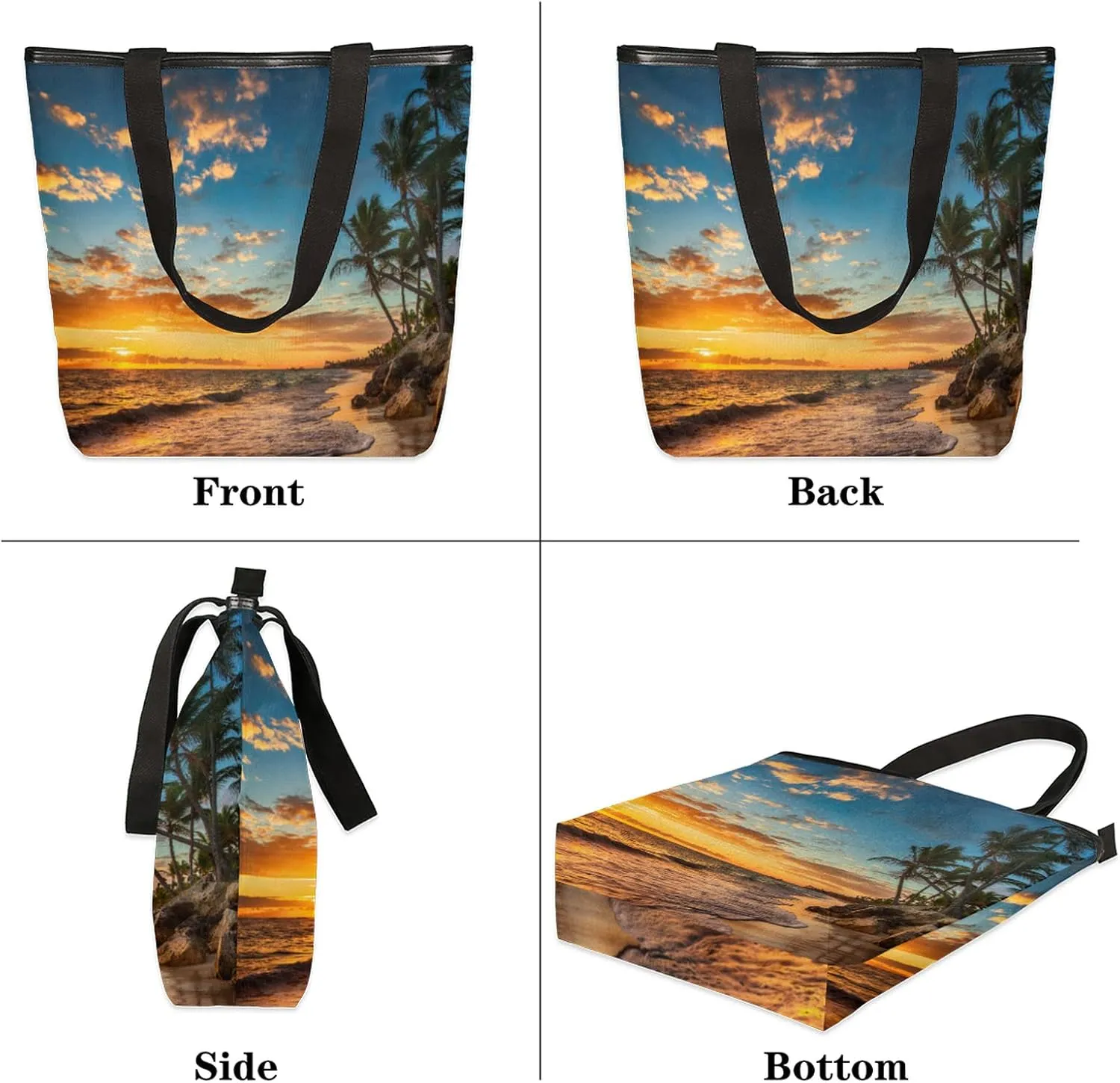 Palm Tree Beach Print Canvas Tote Bag, Eco Friendly Reusable Grocery Shopping Bags Beach Bag Book Tote Handbags Washable Shoulder Bag With Zipper Inner Pocket for Women Girls
