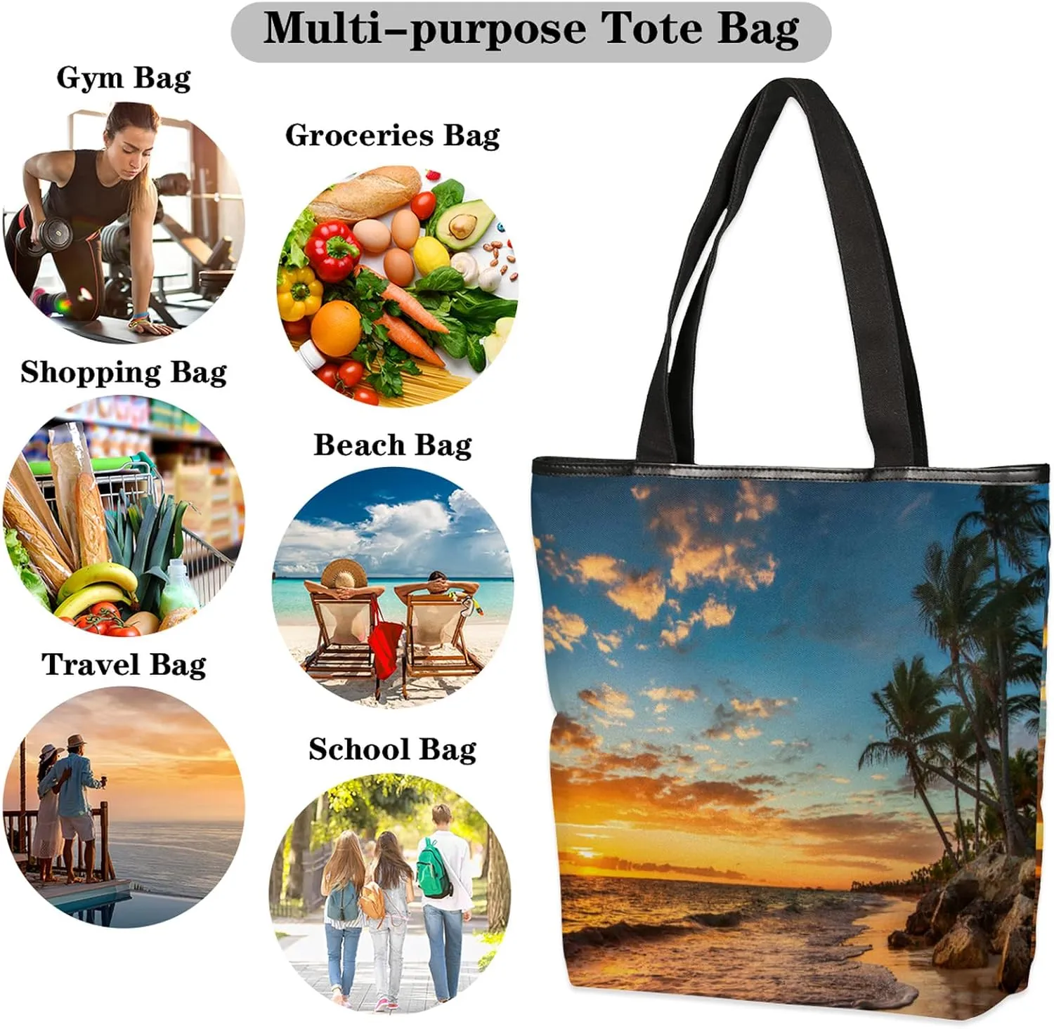Palm Tree Beach Print Canvas Tote Bag, Eco Friendly Reusable Grocery Shopping Bags Beach Bag Book Tote Handbags Washable Shoulder Bag With Zipper Inner Pocket for Women Girls