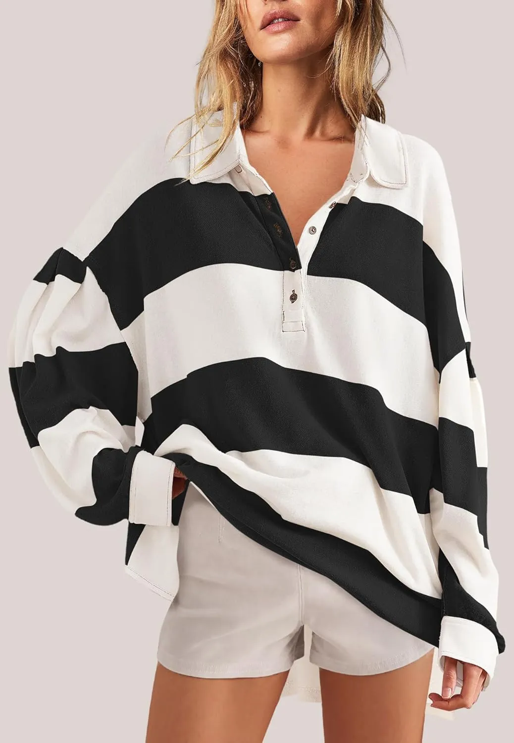 Panadila Womens Long Sleeve Striped Shirt Oversized Polo Shirts Casual V Neck T Shirt Loose Fit Tunic Tops