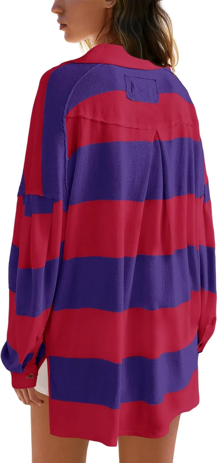Panadila Womens Long Sleeve Striped Shirt Oversized Polo Shirts Casual V Neck T Shirt Loose Fit Tunic Tops