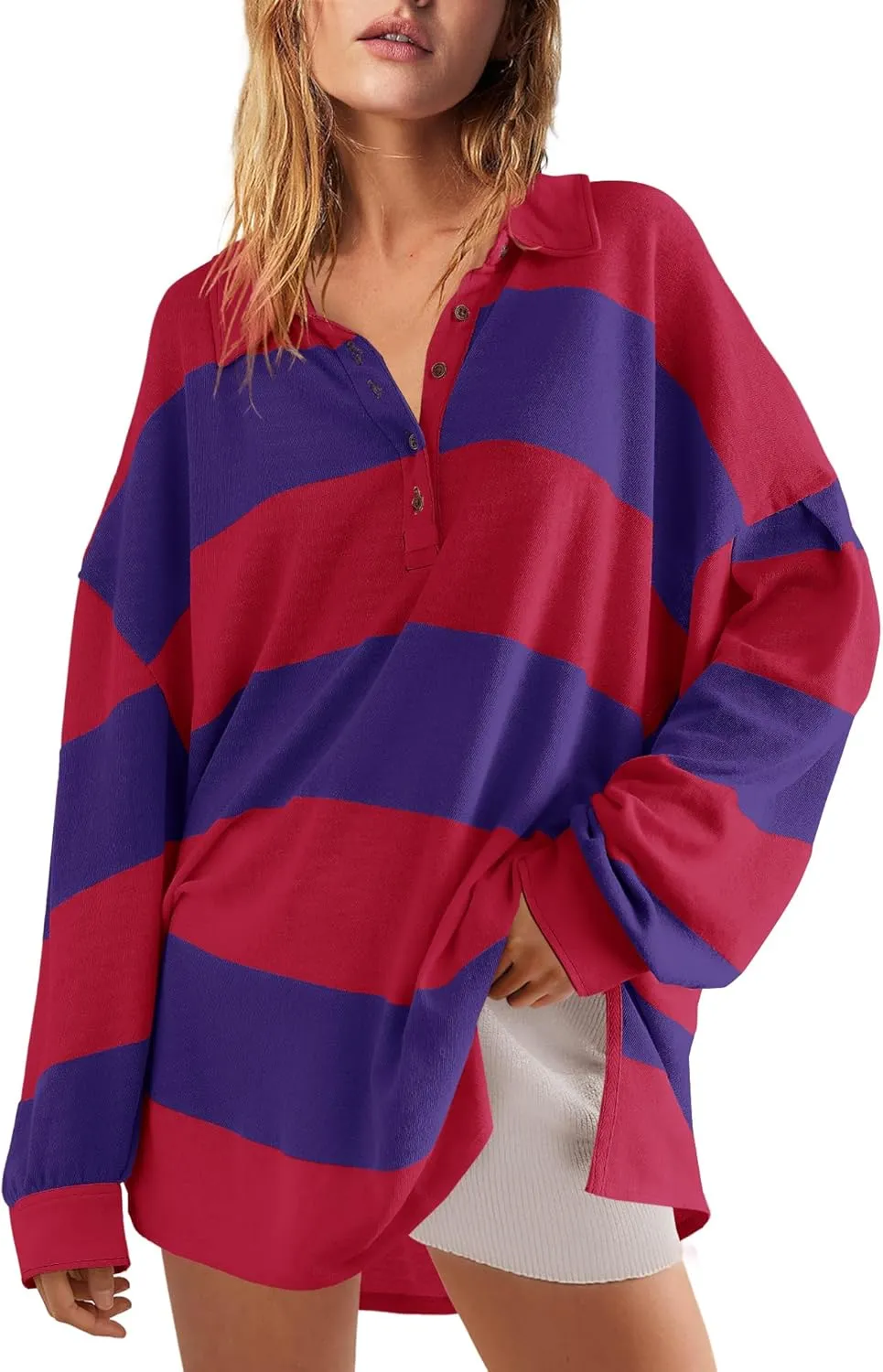 Panadila Womens Long Sleeve Striped Shirt Oversized Polo Shirts Casual V Neck T Shirt Loose Fit Tunic Tops